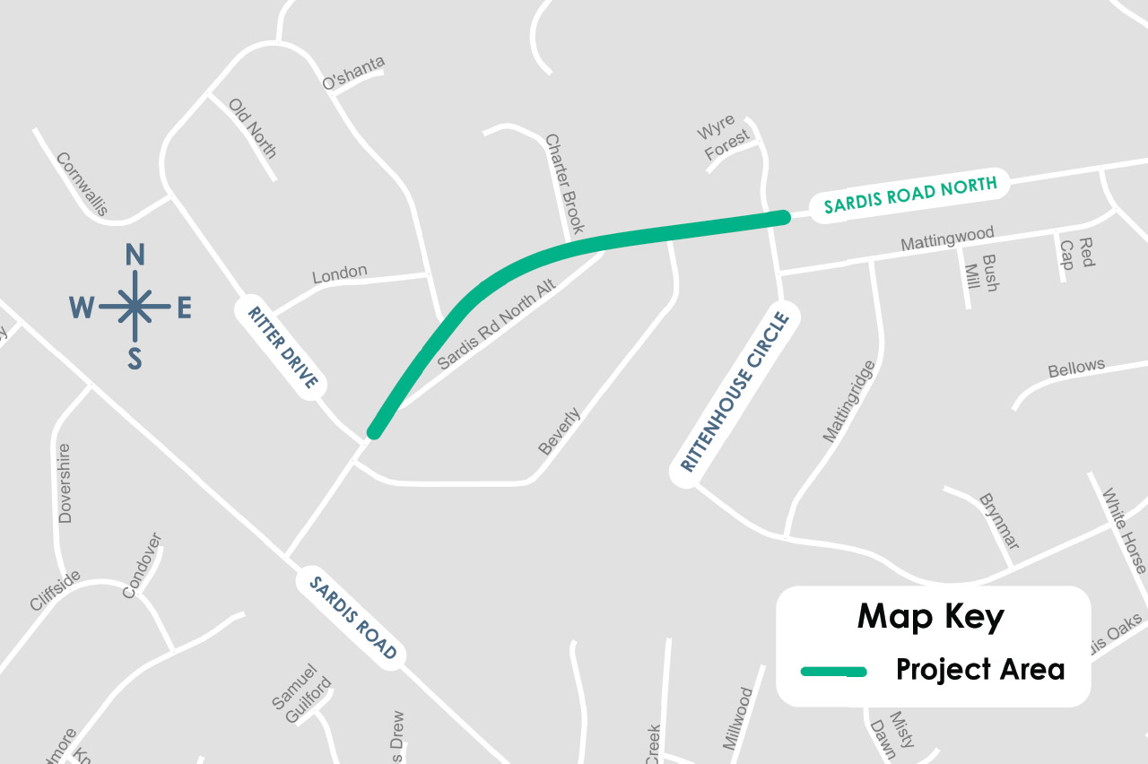 Map of the project area: Sardis Road North runs east to west across the map, starting to the west at its terminus with Sardis Road and ending east of Mattingwood Drive at the easternmost instersection with Rittenhouse Circle. The project area is highlighted in green along Sardis Road North, beginning at the westernmost instersection of Ritter Drive, continuing east through the intersections with Ritter Drive east, Sardis Road North Alternative, Charter Brook Drive, Beverly Circle, Kilcullen Drive, Rittenhouse Circle east intersection, to the westernmost intersection of Rittenhouse Circle.